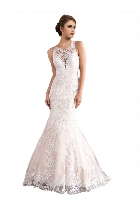 Affordable Illusion Neck Fit and Flare Tulle Wedding Dress with All Over Lace
