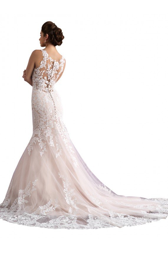Affordable Illusion Neck Fit and Flare Tulle Wedding Dress with All Over Lace