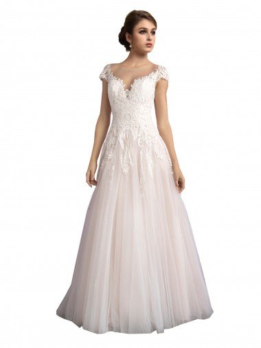 Affordable Illusion Cap Sleeves A-Line Tulle Beach Wedding Dress with Lace Bodice
