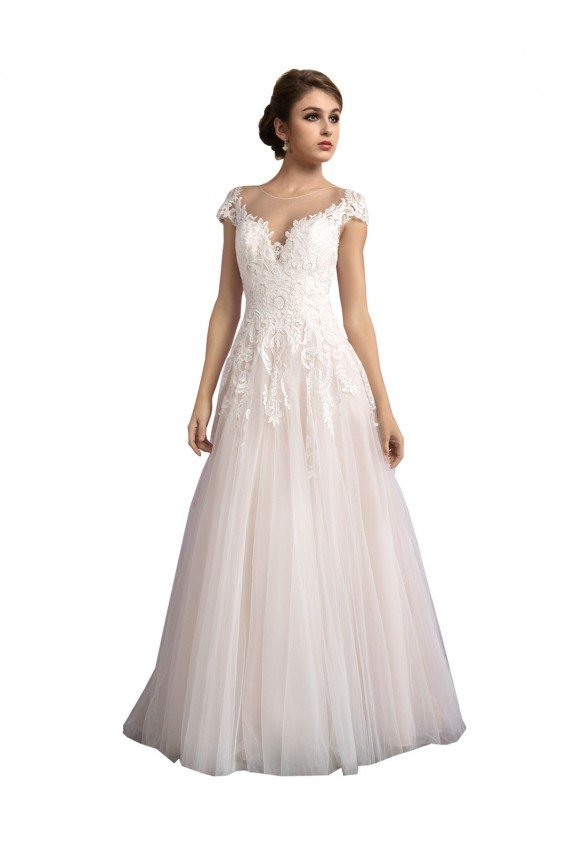 Affordable Illusion Cap Sleeves A-Line Tulle Beach Wedding Dress with Lace Bodice