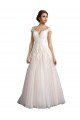 Affordable Illusion Cap Sleeves A-Line Tulle Beach Wedding Dress with Lace Bodice