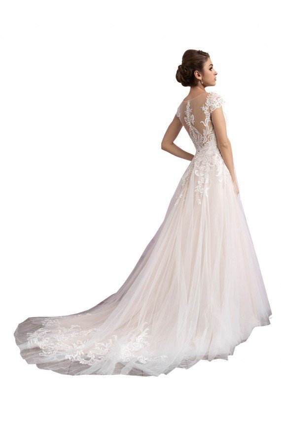Affordable Illusion Cap Sleeves A-Line Tulle Beach Wedding Dress with Lace Bodice