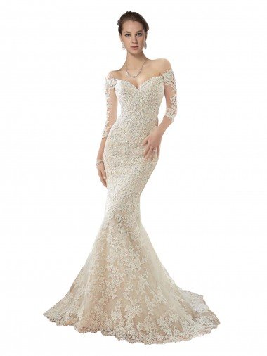 Affordable Long Sleeves Off the Shoulder Trumpet Lace Wedding Dress