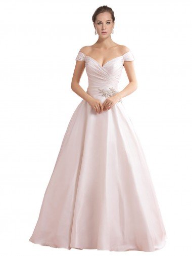 Affordable Off the Shoulder Sweetheart Ball Gown Satin Wedding Dress