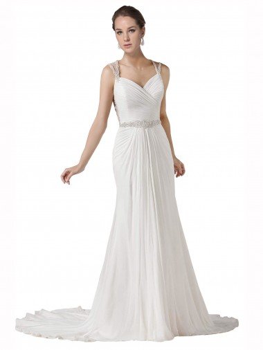 Affordable Sweetheart Sheath Chiffon Beach Wedding Dress with Beaded Belts