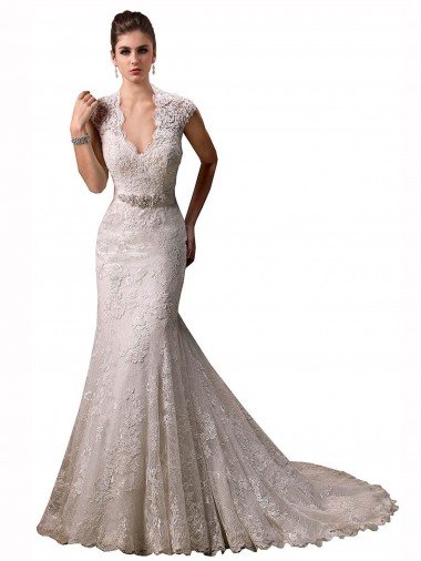 Affordable Halter V-Neck Mermaid Lace Wedding Dress with Keyhole Back