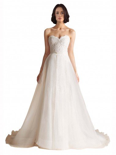 Affordable Strapless Sweetheart Lace Bodice A-Line Organza Wedding Dress