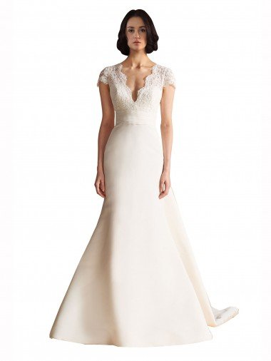 Affordable V-Neck Lace Bodice A-Line Satin Wedding Dress with Keyhole Back