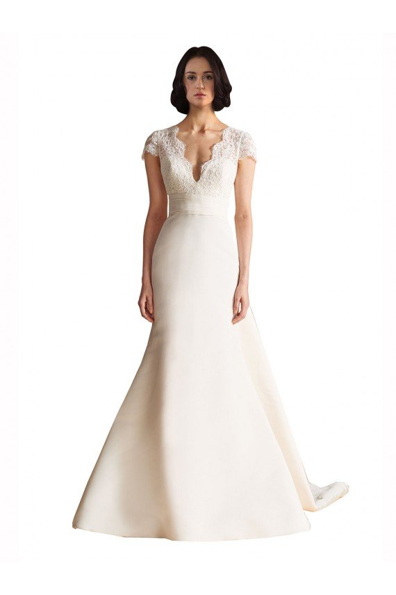 Affordable V-Neck Lace Bodice A-Line Satin Wedding Dress with Keyhole Back