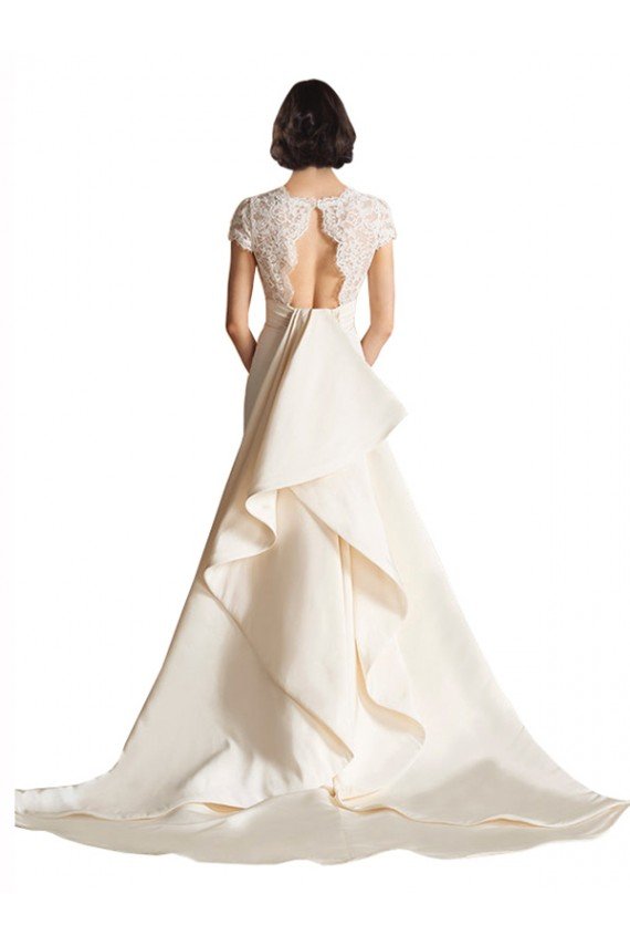 Affordable V-Neck Lace Bodice A-Line Satin Wedding Dress with Keyhole Back