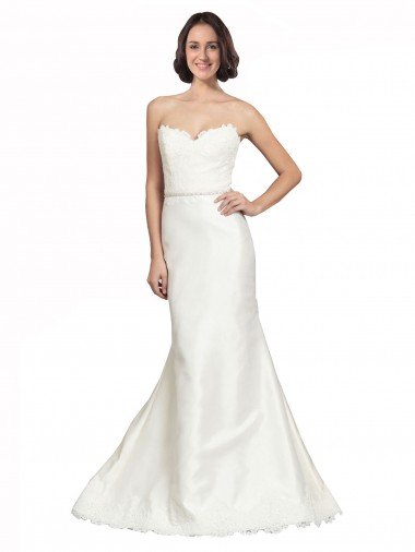 Affordable Trumpet Satin Wedding Dress with Sweetheart Lace Bodice