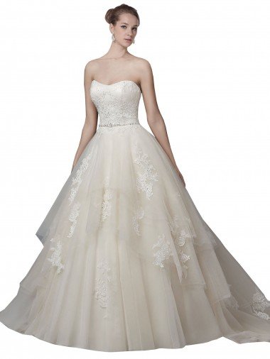 Affordable Strapless Ball Gown Tulle Wedding Dress with Lace Appliques