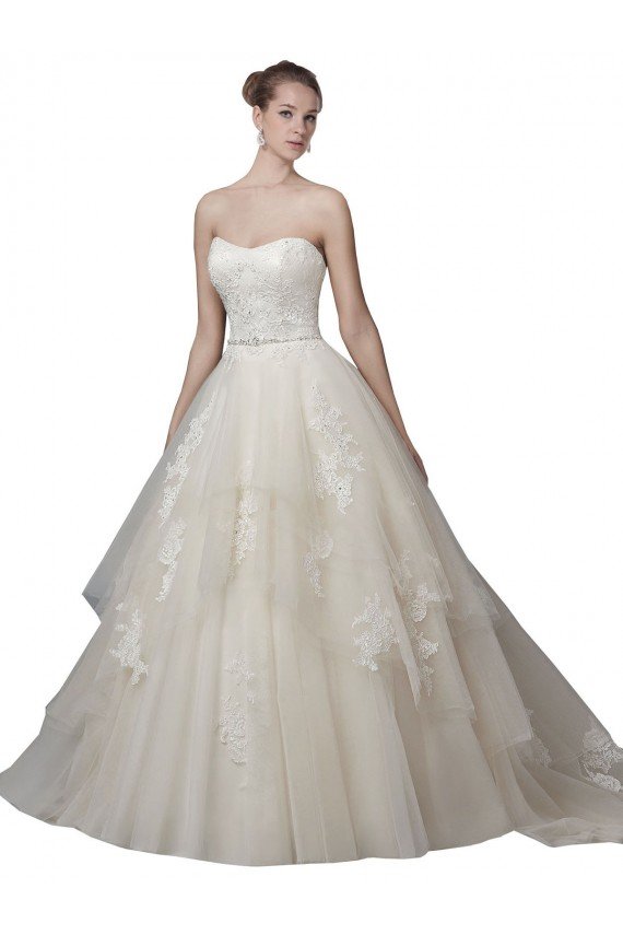 Affordable Strapless Ball Gown Tulle Wedding Dress with Lace Appliques
