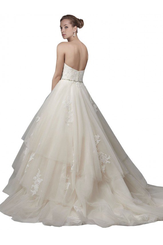 Affordable Strapless Ball Gown Tulle Wedding Dress with Lace Appliques