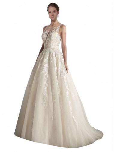 Affordable Illusion Neck A-Line Tulle Wedding Dress