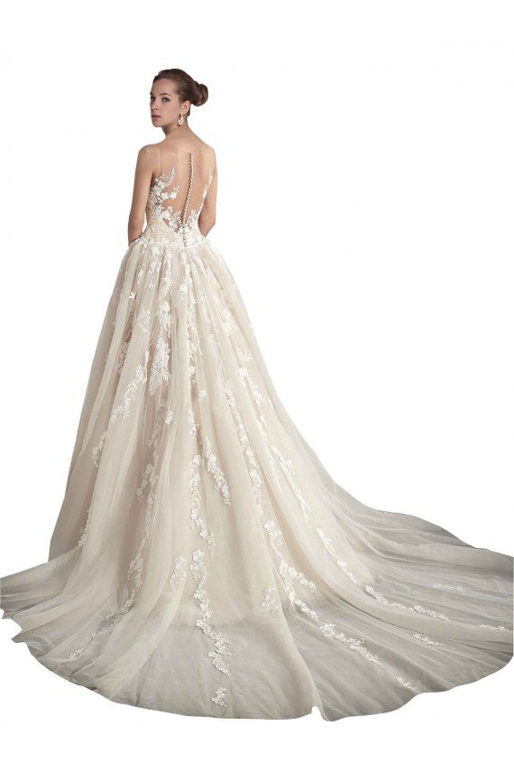 Affordable Illusion Neck A-Line Tulle Wedding Dress