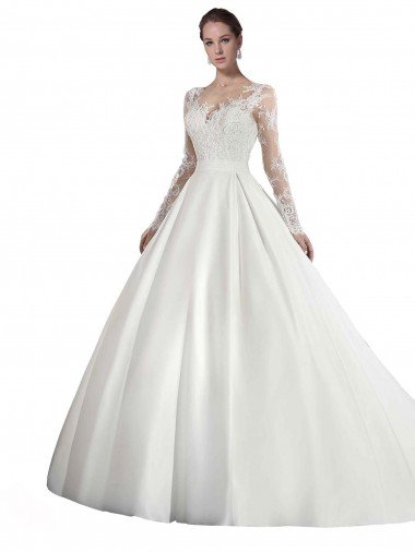 Affordable Long Sleeves Illusion Neck A-Line Satin Wedding Dress with Lace Bodice