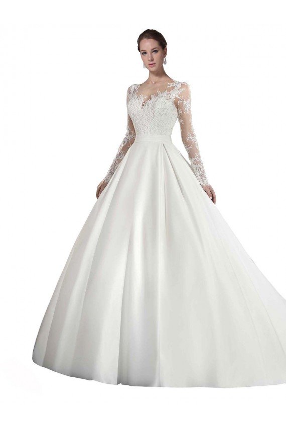 Affordable Long Sleeves Illusion Neck A-Line Satin Wedding Dress with Lace Bodice