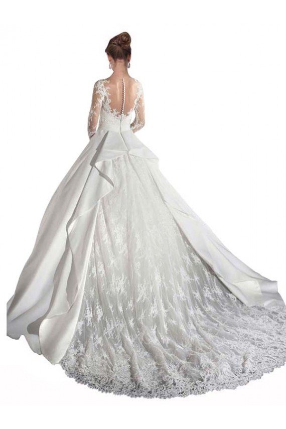 Affordable Long Sleeves Illusion Neck A-Line Satin Wedding Dress with Lace Bodice