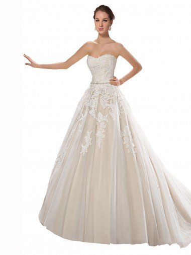 Affordable Strapless Ball Gown Tulle Wedding Dress with Lace Cascades