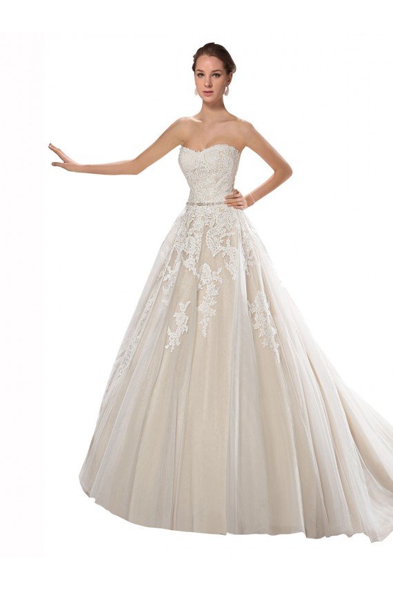 Affordable Strapless Ball Gown Tulle Wedding Dress with Lace Cascades