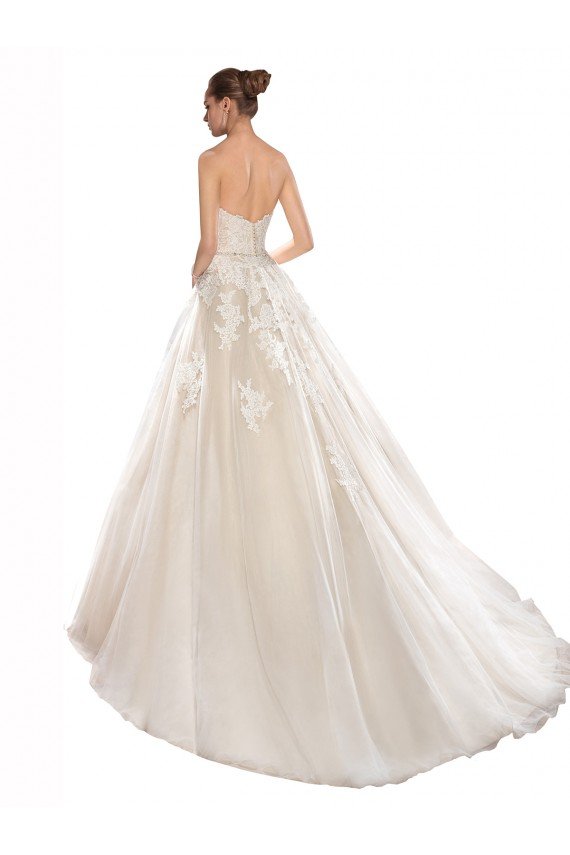 Affordable Strapless Ball Gown Tulle Wedding Dress with Lace Cascades