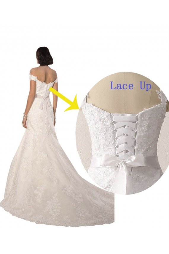 Affordable Off the Shoulder Mermaid Lace Beach Wedding Dress with Beaded Belt