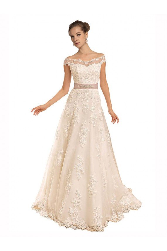 Affordable Off the Shoulder Illusion Back A-Line Lace Beach Wedding Dress