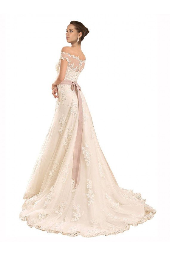Affordable Off the Shoulder Illusion Back A-Line Lace Beach Wedding Dress
