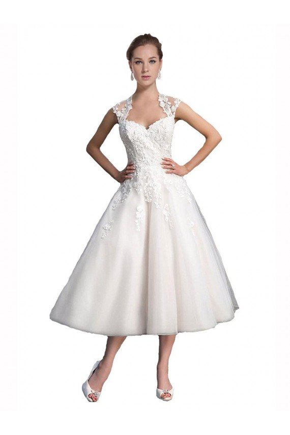 Affordable A-Line Short Tea Length Sweetheart Tulle Lace Beach Wedding Dress