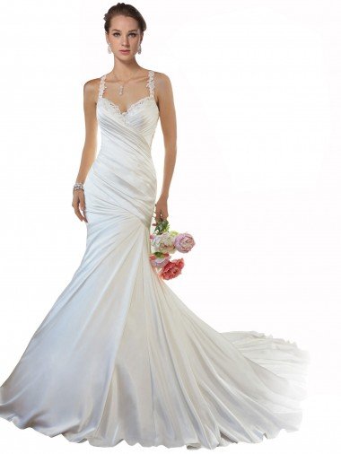 Affordable Sweetheart Mermaid Satin Beach Wedding Dress with Illusion Lace Back