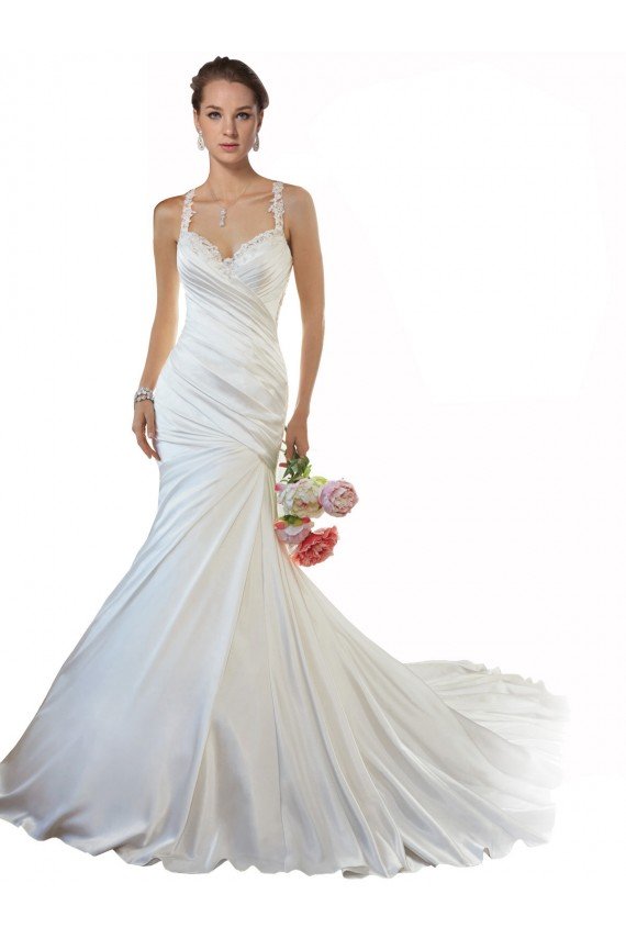 Affordable Sweetheart Mermaid Satin Beach Wedding Dress with Illusion Lace Back