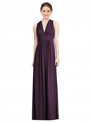 Affordable Long Chiffon V-Neck Bridesmaid Dress with Shirred Bodice