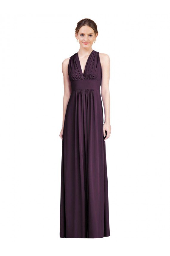 Affordable Long Chiffon V-Neck Bridesmaid Dress with Shirred Bodice