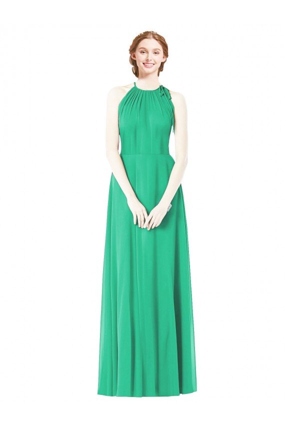 Affordable Halter Neckline Long Chiffon Bridesmaid Dress with Side Bow