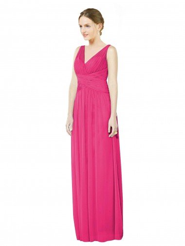 Affordable Sleeveless V-Neck Long Chiffon Bridesmaid Dress with V-Back