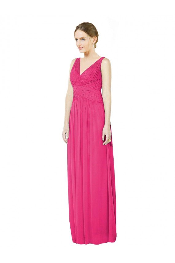 Affordable Sleeveless V-Neck Long Chiffon Bridesmaid Dress with V-Back