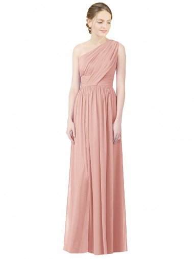 Affordable One Shoulder Long Chiffon Bridesmaid Dress with Shirred Waistband
