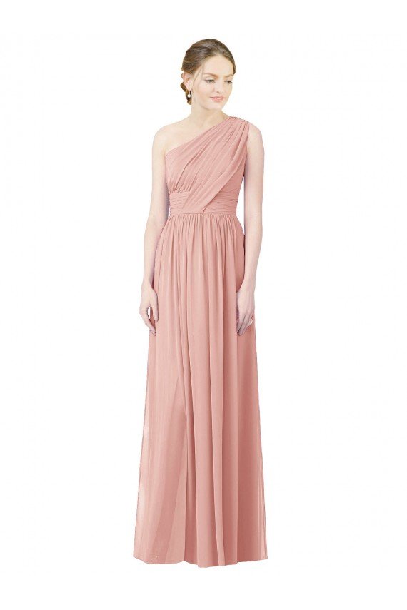 Affordable One Shoulder Long Chiffon Bridesmaid Dress with Shirred Waistband