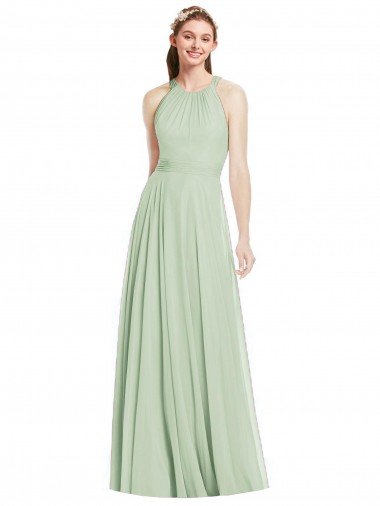 Affordable Open Back Halter Chiffon Bridesmaid Dress with Flowy Bow