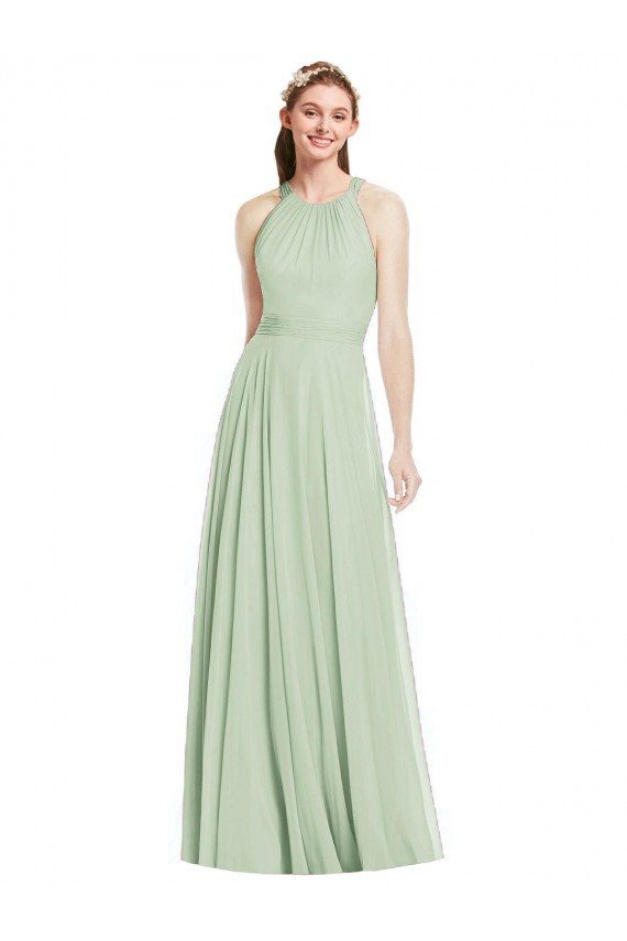 Affordable Open Back Halter Chiffon Bridesmaid Dress with Flowy Bow