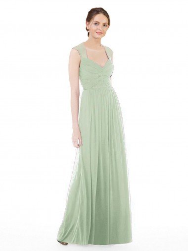 Affordable Sheer Back Cap Sleeves Long Chiffon Bridesmaid Dress 