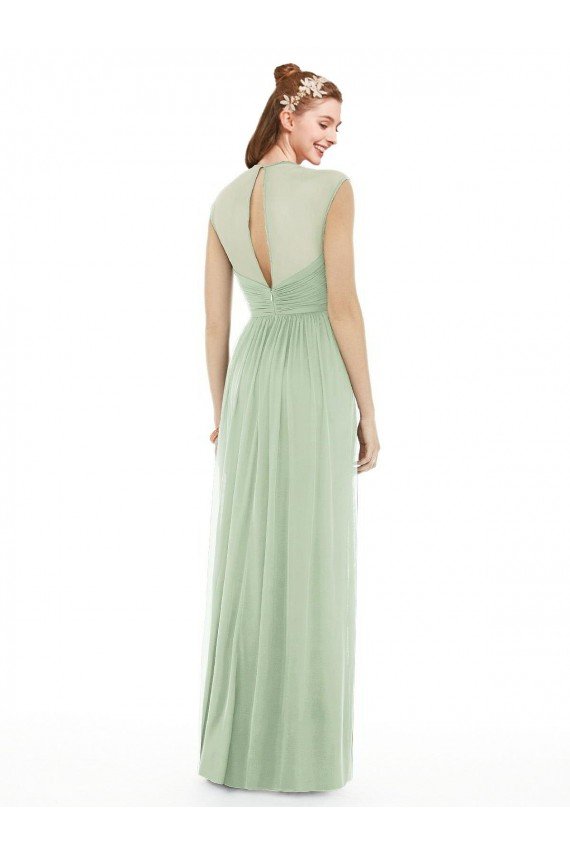 Affordable Sheer Back Cap Sleeves Long Chiffon Bridesmaid Dress 
