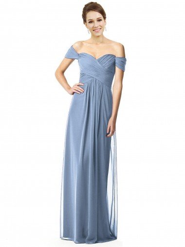 Affordable Off the Shoulder Chiffon Bridesmaid Dress with Draped Bodice
