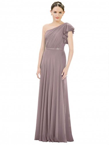 Affordable Full Length One Shoulder Chiffon Bridesmaid Dress with Shoulder Ruffle