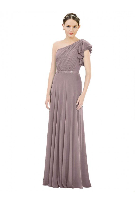 Affordable Full Length One Shoulder Chiffon Bridesmaid Dress with Shoulder Ruffle