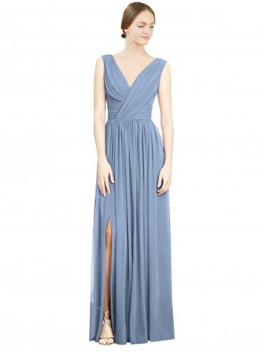 Affordable Sleeveless Draped Chiffon Maxi Bridesmaid Dress with Front Slit