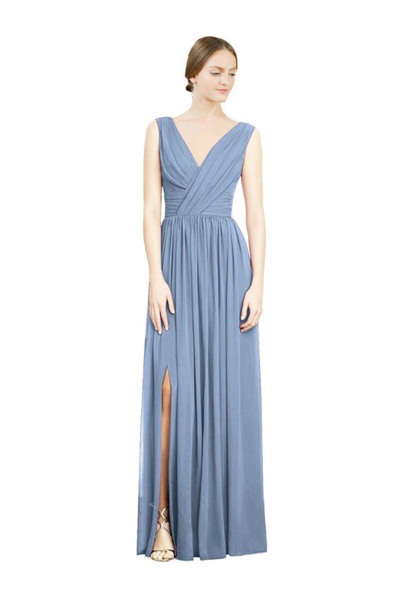 Affordable Sleeveless Draped Chiffon Maxi Bridesmaid Dress with Front Slit