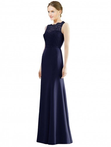 Affordable Lace Bodice Open Back Trumpet Chiffon Bridesmaid Dress with Bow Belt