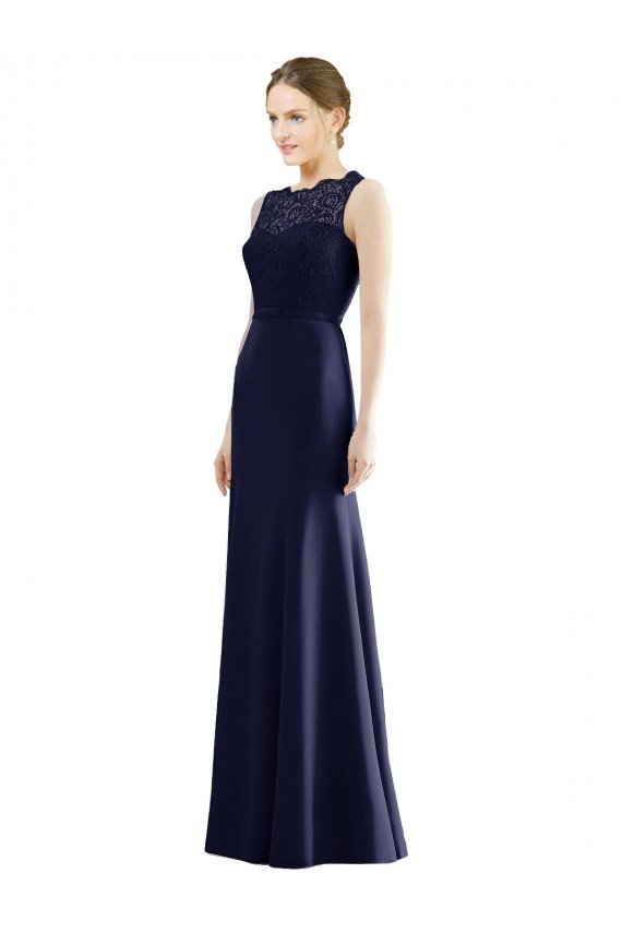Affordable Lace Bodice Open Back Trumpet Chiffon Bridesmaid Dress with Bow Belt